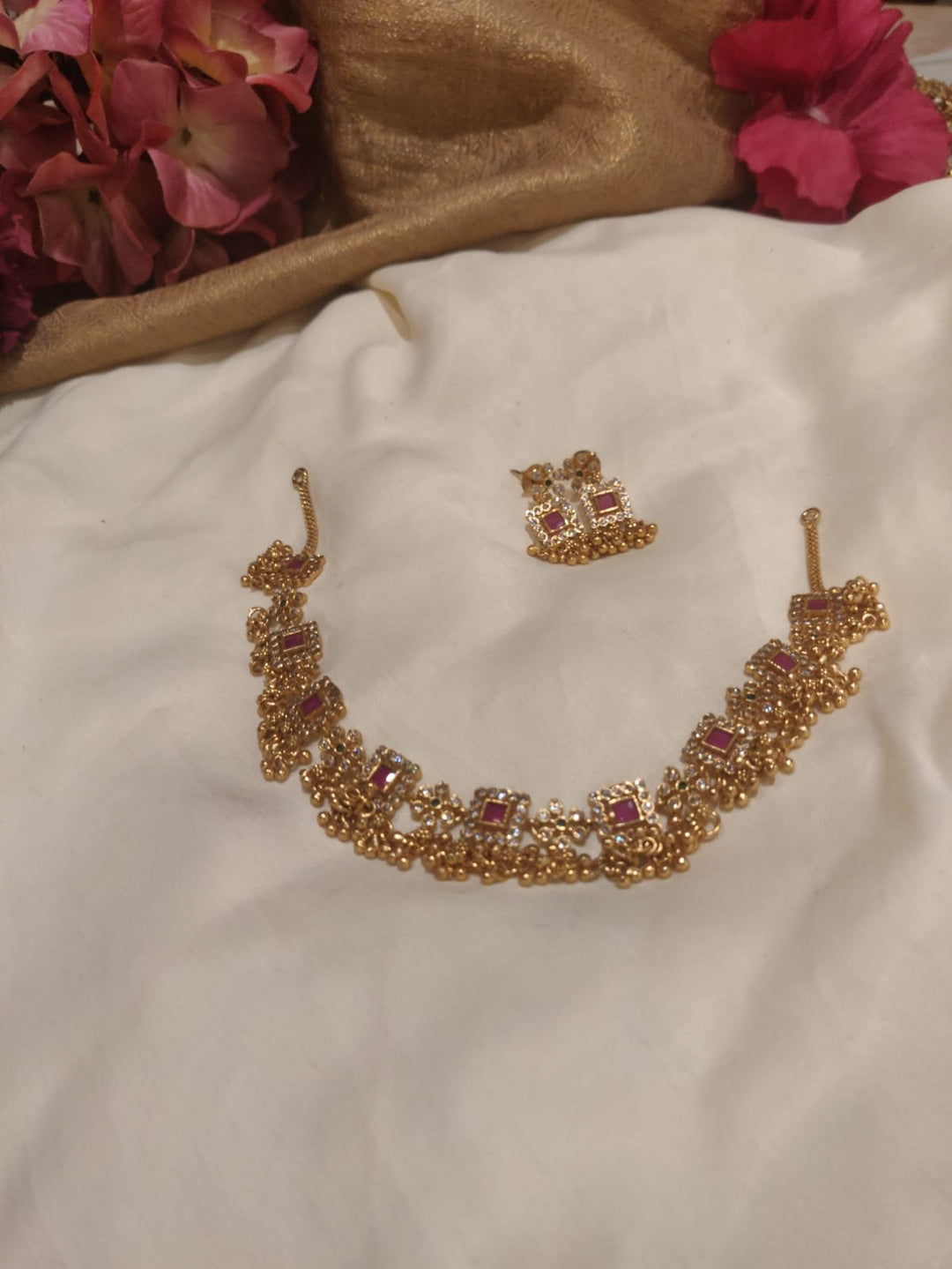 Designer Quadrilateral Design Ruby Fitted Gold Beads Styled AD Short Neclace