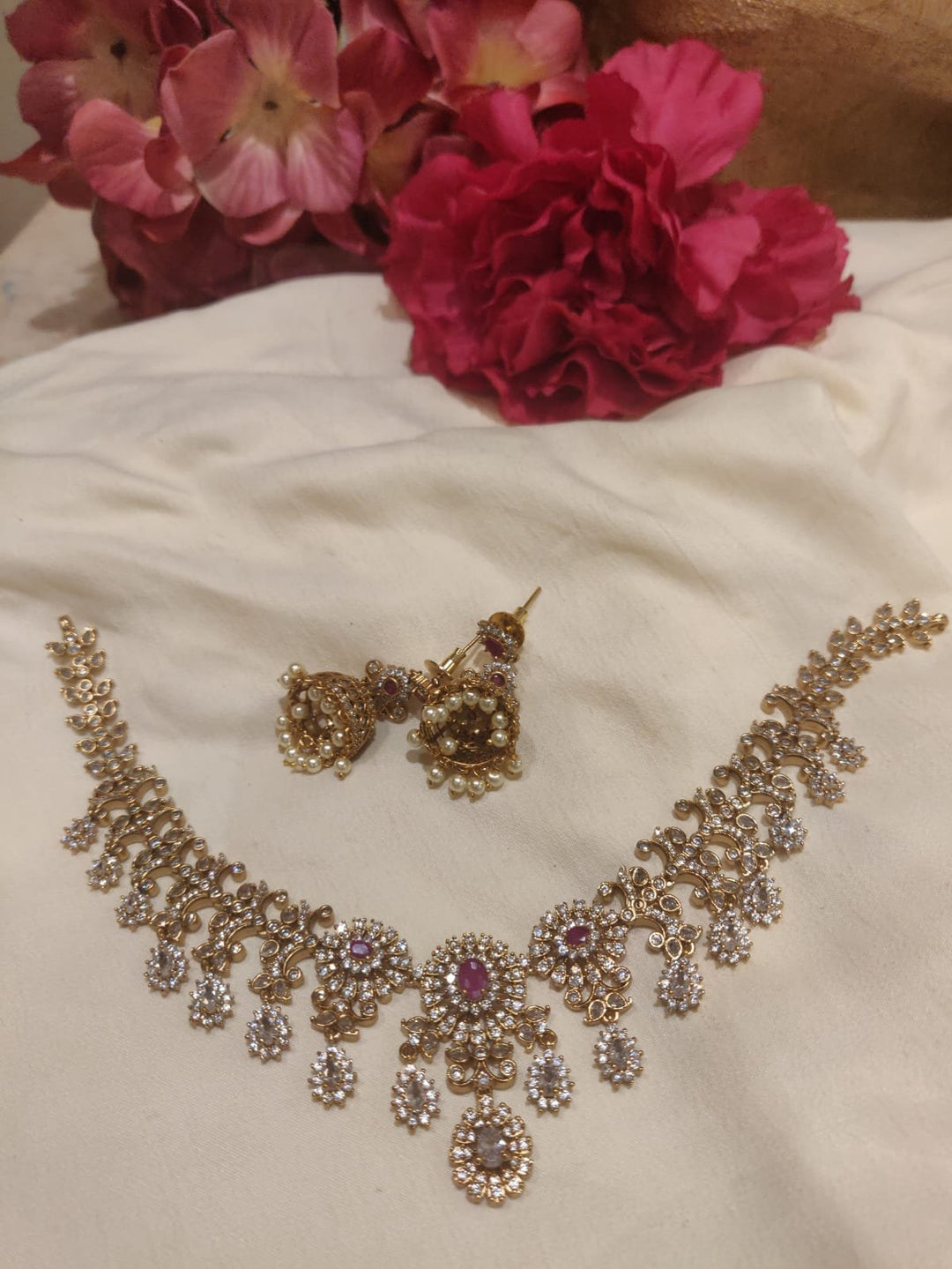 Ornate Ruby Styled Gold Finish Droplet DESIGN AD Short Necklace