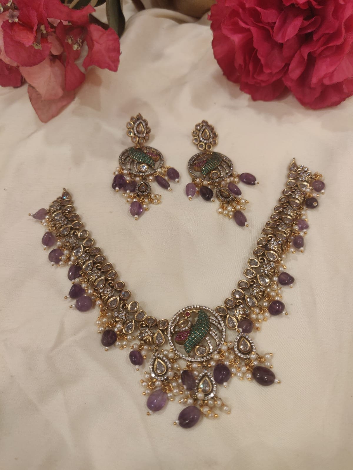 Ornate cz peacock pendant purple beads styled antique finish ad short necklace