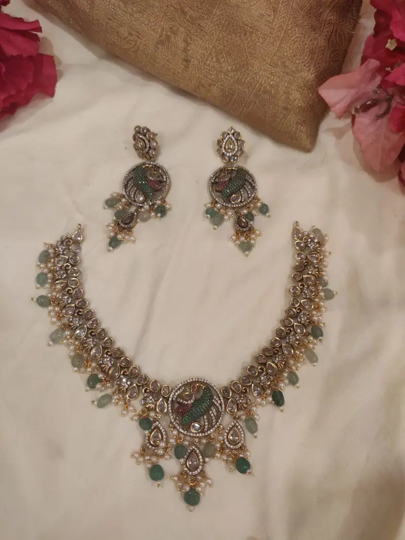 Ornate CZ Peacock Pendant Green Beads Styled Antique Finish AD Short Necklace