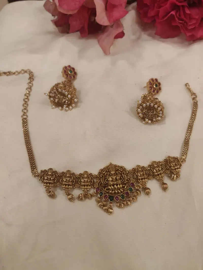 Traditional Antique Finish Temple Lakshmi Design Chain Choker
