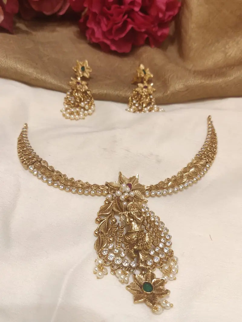 Limited Edition Gold Plated Krishna Pendant Temple Short Necklace