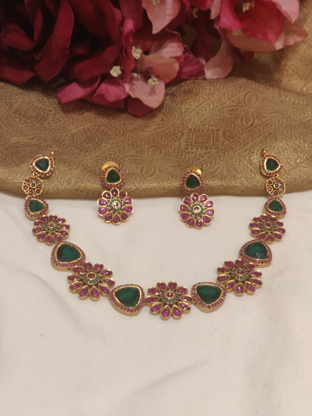 Refined Gold Plated Meenakari Art Floral Design Green Stone Styled Short Necklace CZ