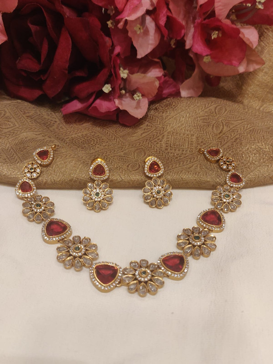 Majestic Gold Plated Floral Design Red Stone Styled Short Necklace CZ