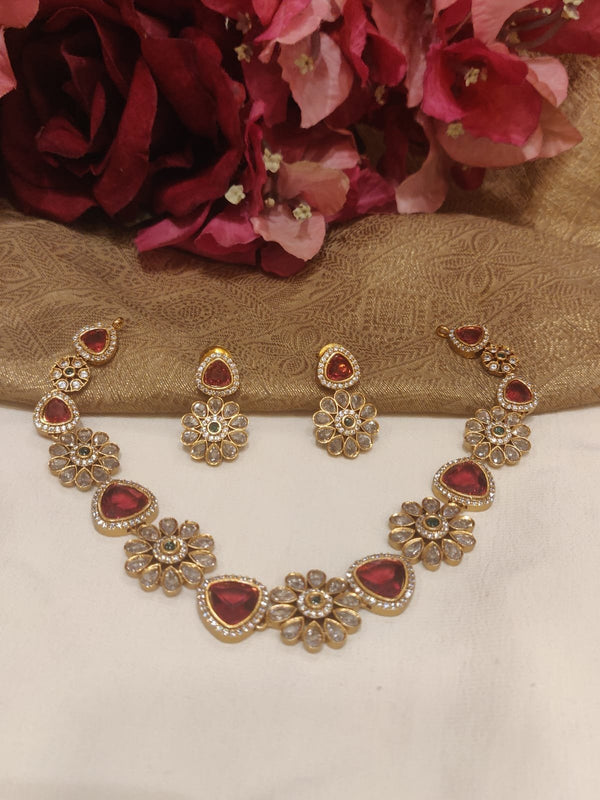 Majestic Gold Plated Floral Design Red Stone Styled Short Necklace CZ