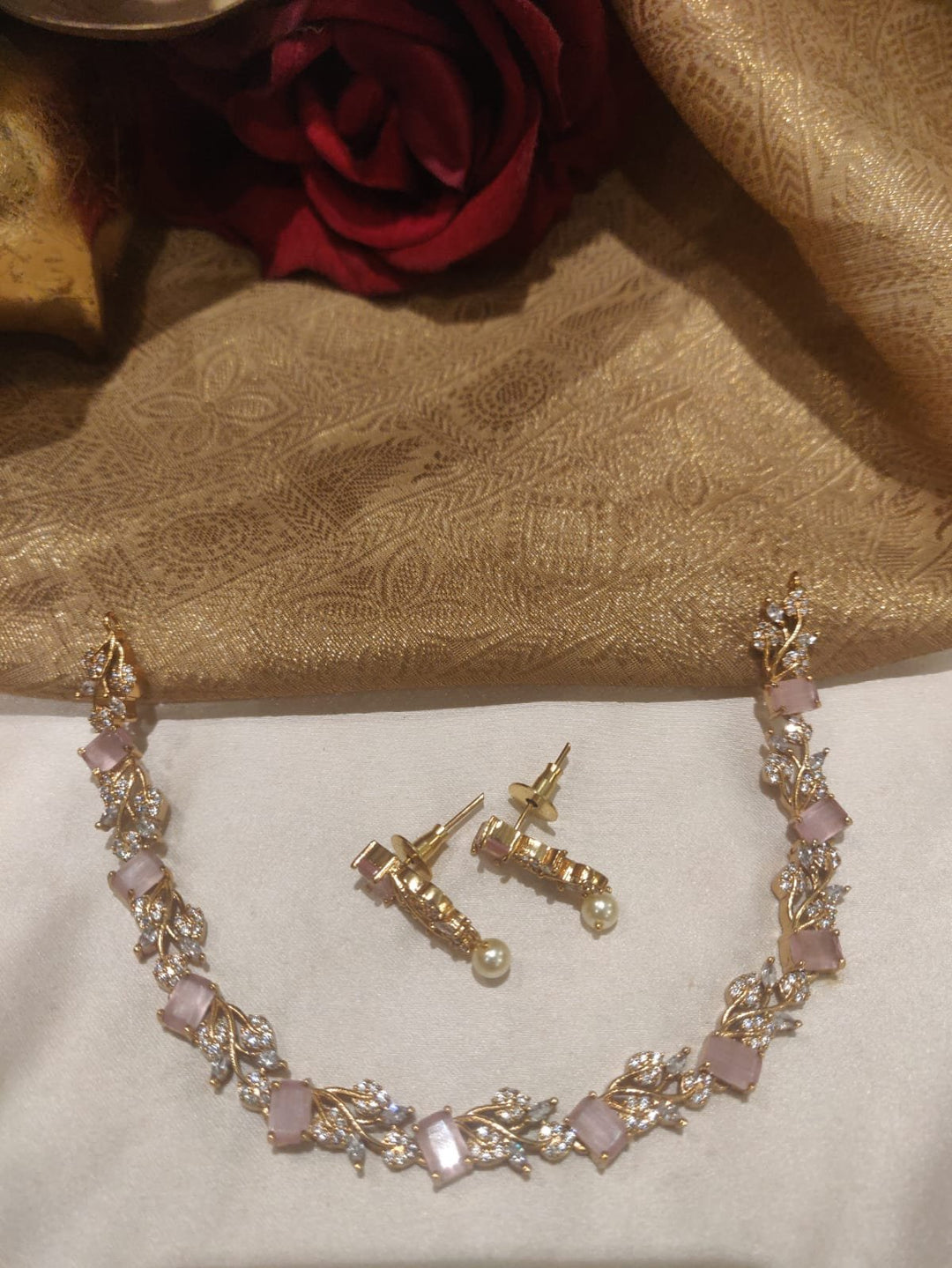 EJ Premium Floral Design Baby Pink Stone Fitted Kundan Short Necklace
