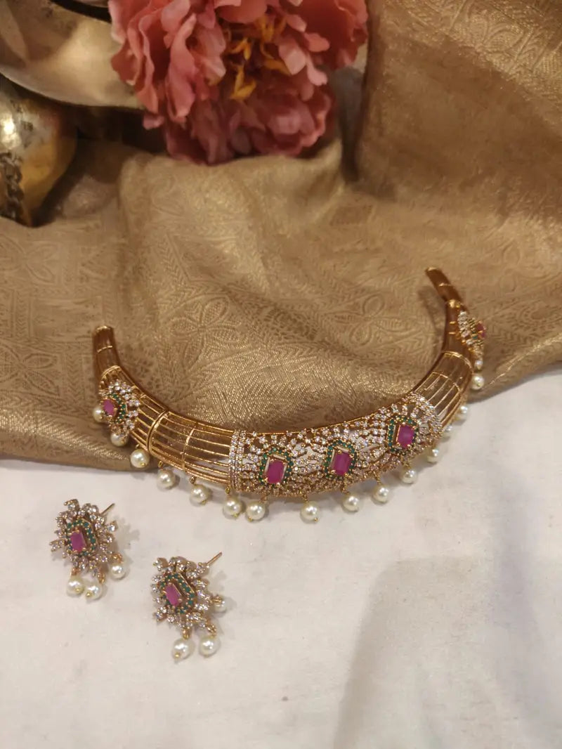 Exotic Pearl Styled Brass AD Fitted Choker