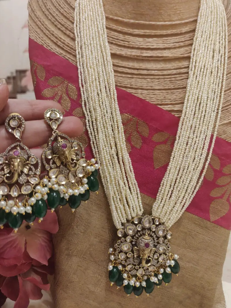 Classic Handcrafted Ganesh Design Green Beads Styled AD Pendant Pearl Haar