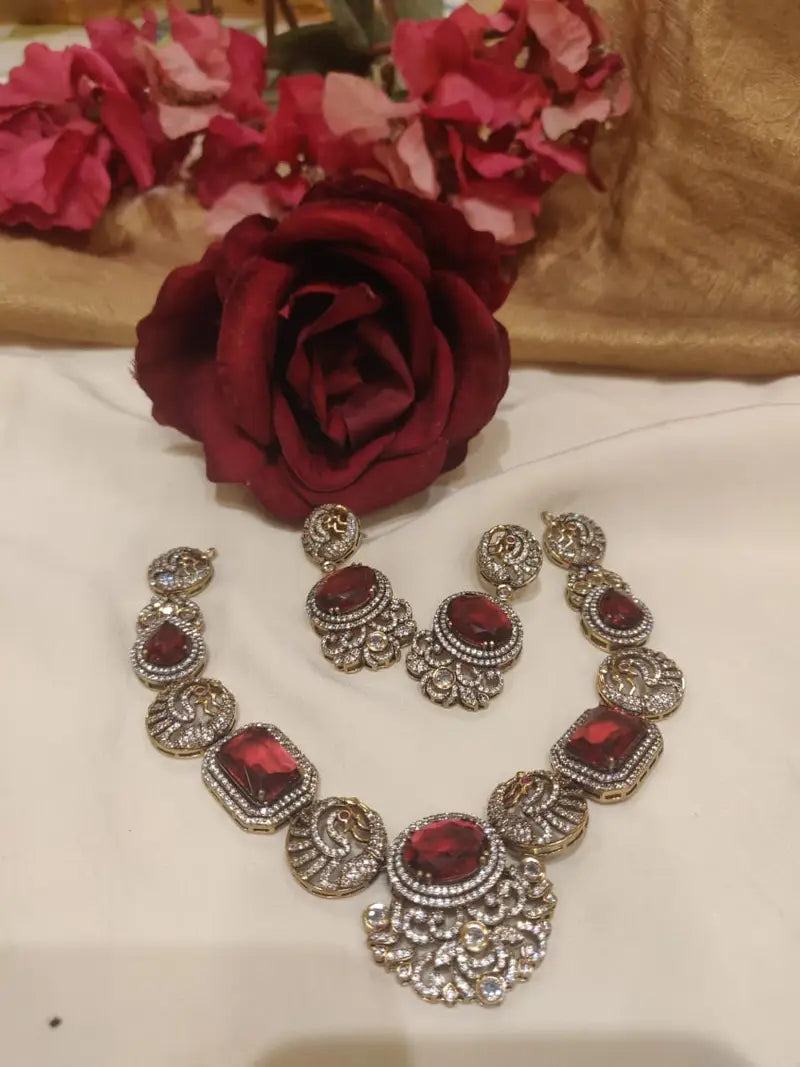 Mesmerizing Red Stone Styled Designer AD Necklace Short