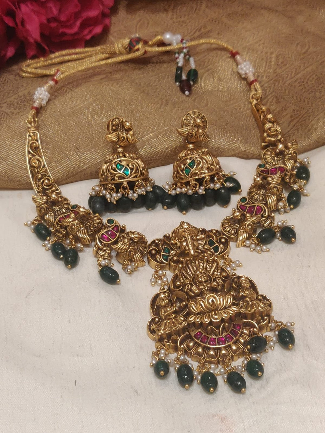 Exquisite Gold Plated Lakshmi Ganesh Design Temple Short Necklace