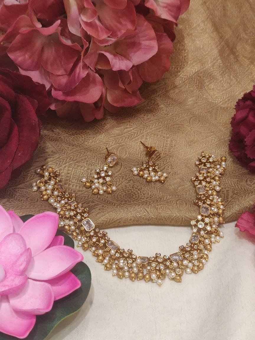 Alluring Gold Beads Styled Crystal White Stone Handcrafted Short Necklace
