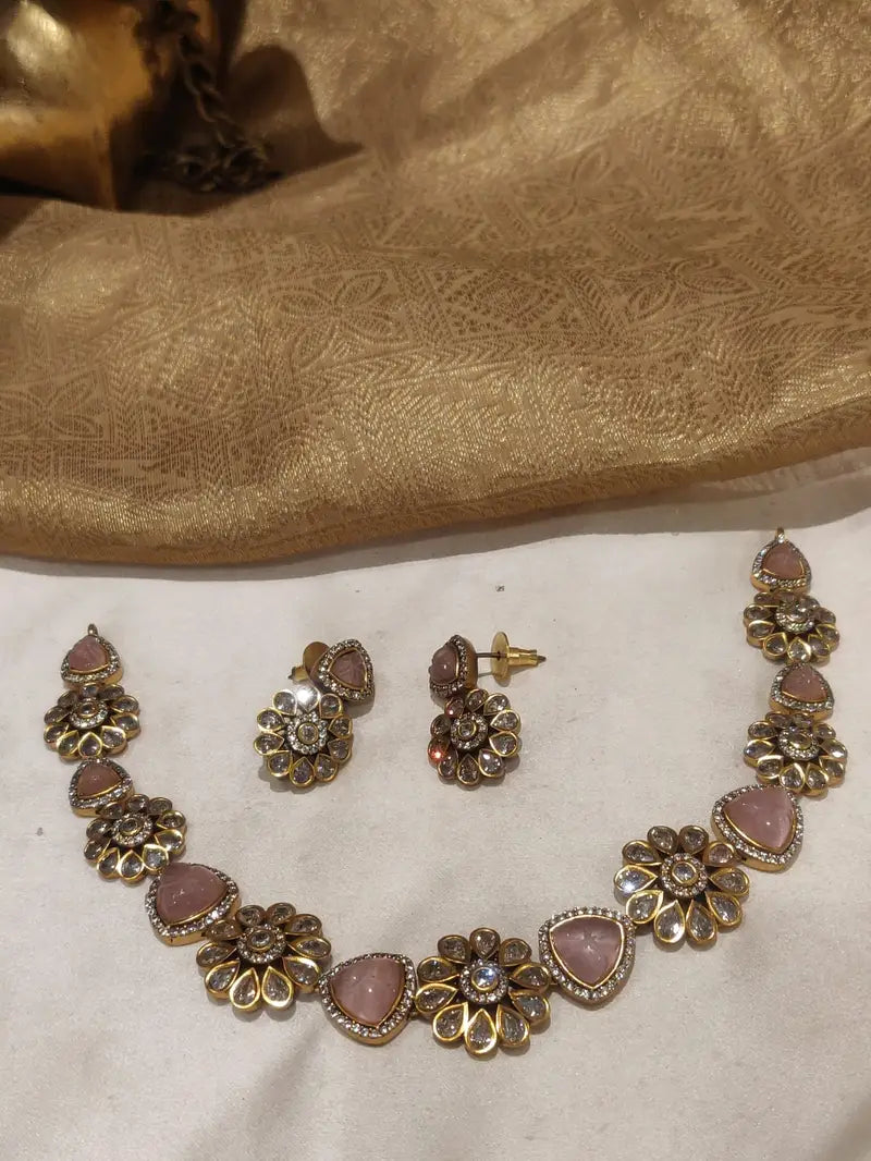 Exotic Floral Design Stone Studded AD Short Necklace