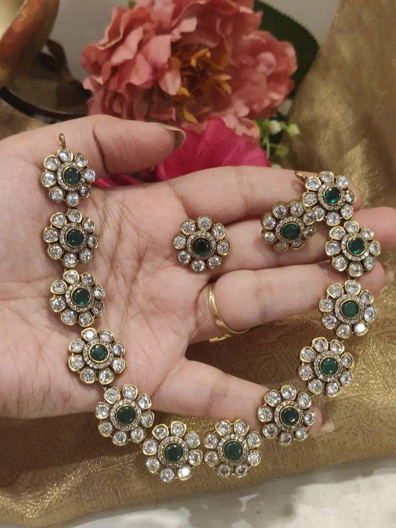 Beautiful Green Stone Floral Design Kundan Short Necklace