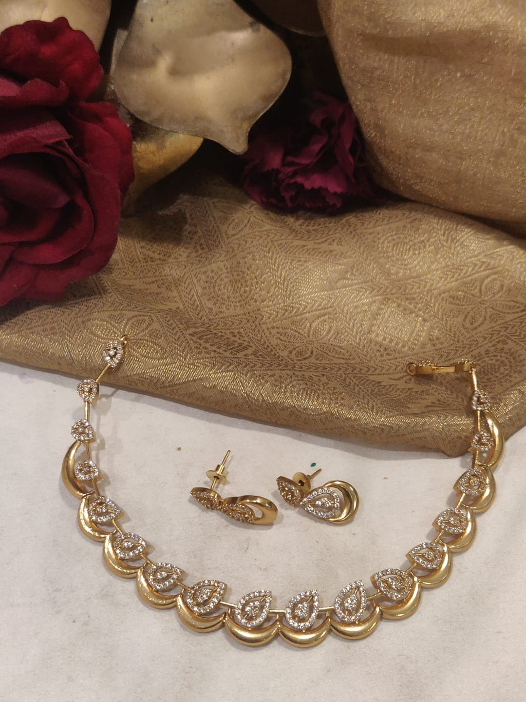Beautiful Leaf Design AD Brass Short Necklace