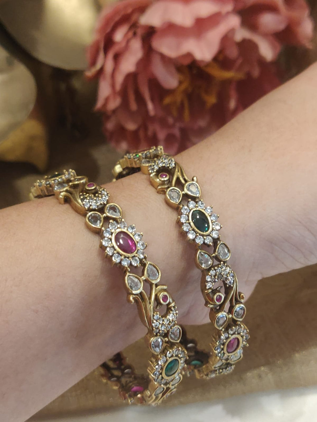 Beautiful Antique Finish Multicolor Stone Studded Brass Bangles