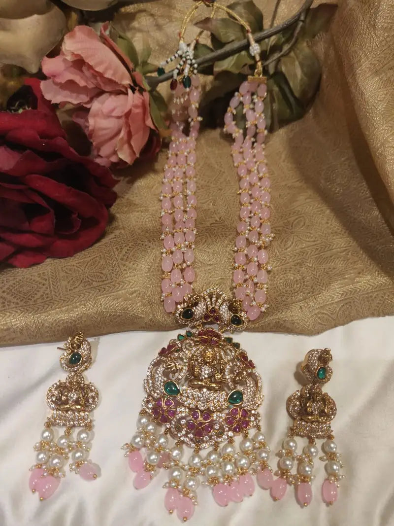 Exotic handcrafted pink beads lakshmi ad pendant short necklace