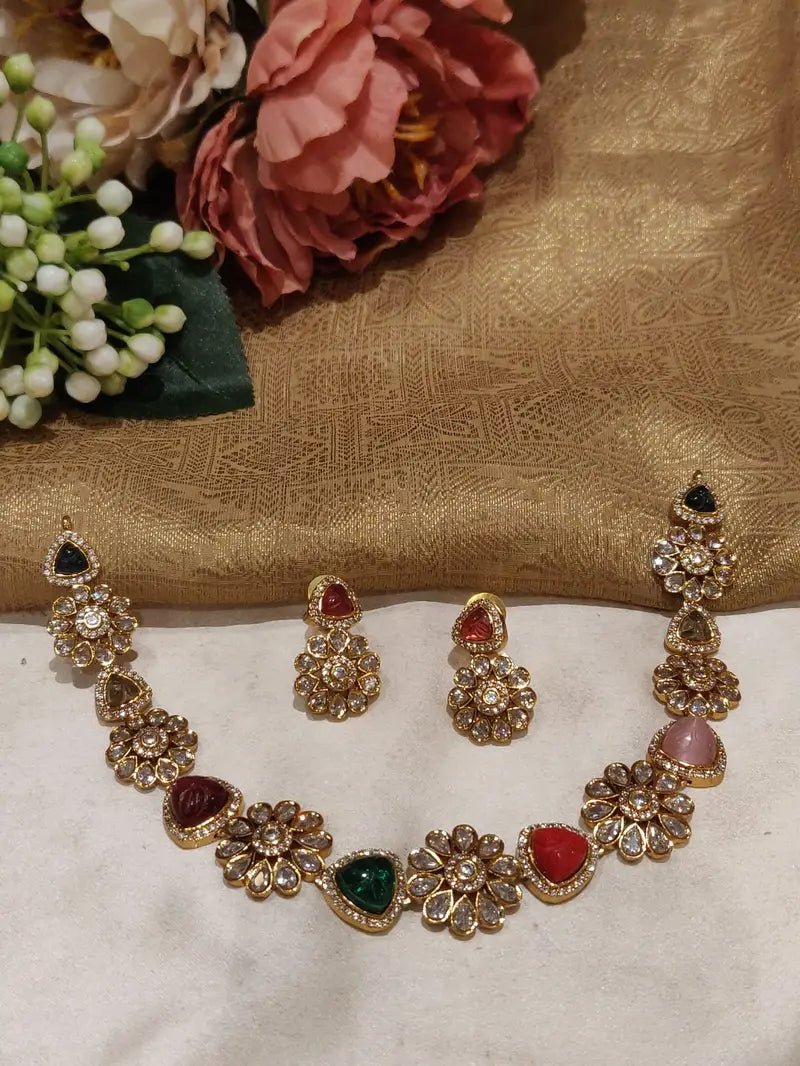 EJ Premium Floral Design Navratna Stone Short Necklace