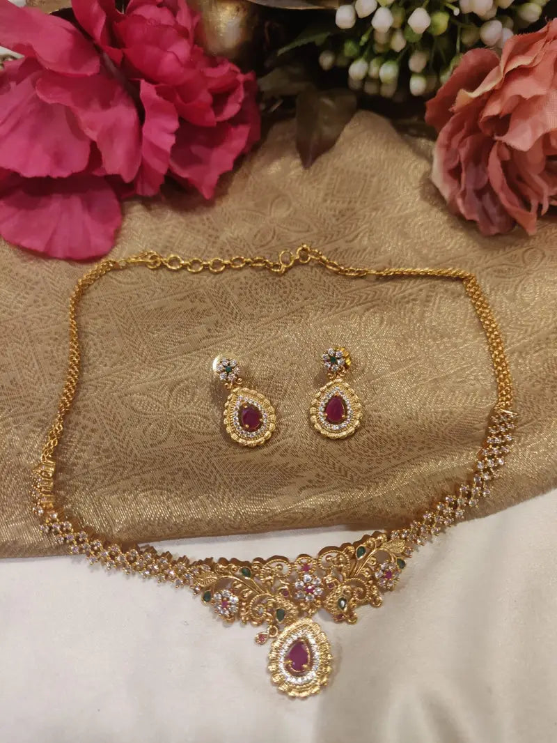 Beautiful Ruby Styled AD Short Necklace