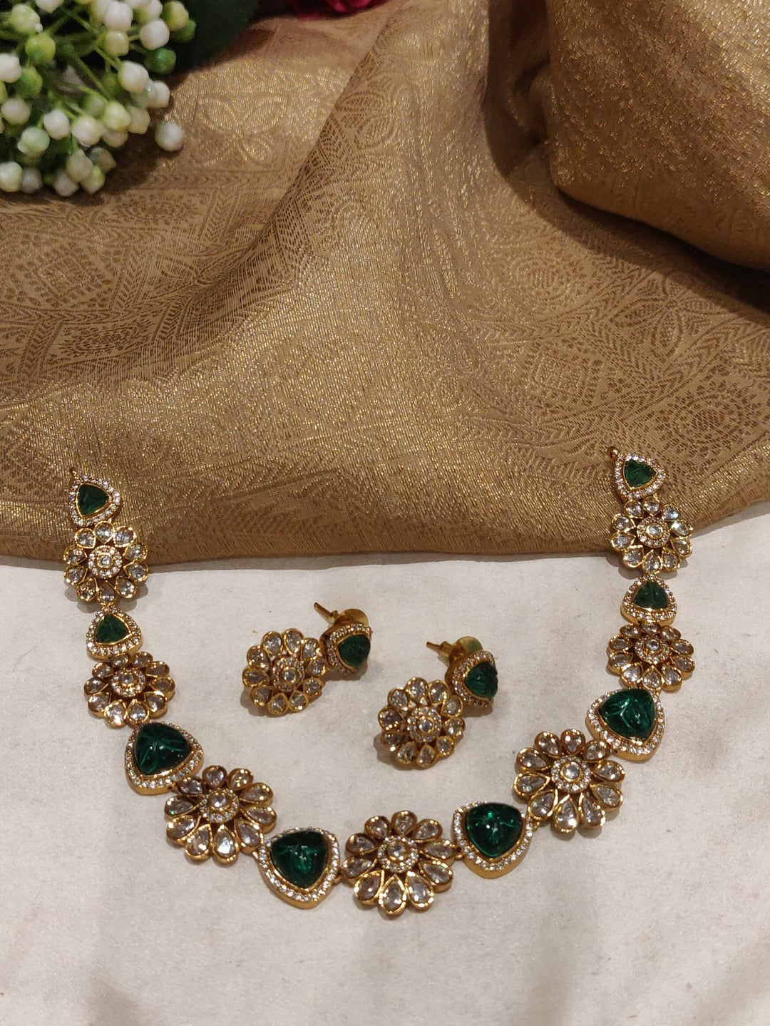 EJ Premium Floral Design Green Stone Studded AD Short Necklace