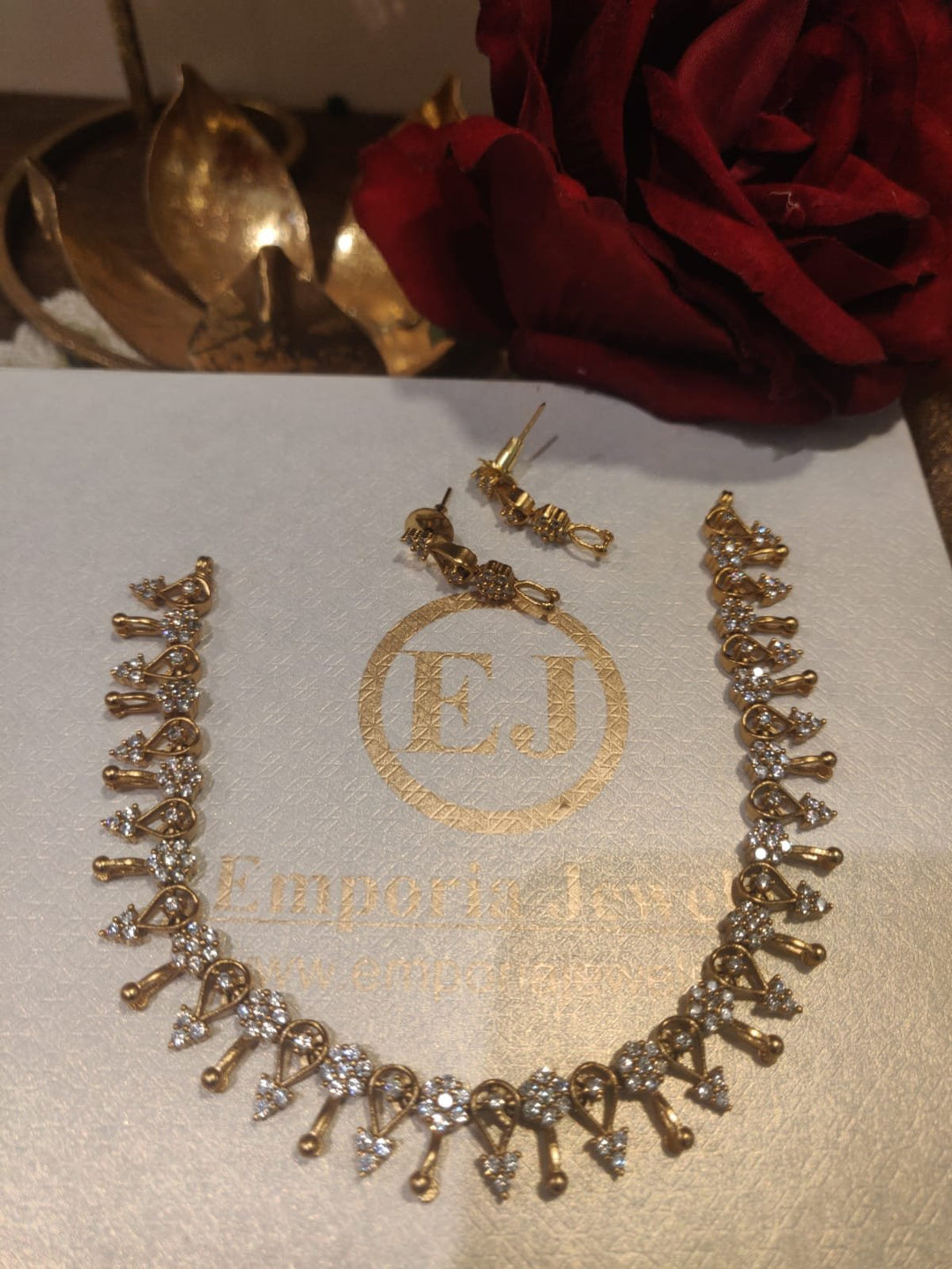Beautiful Antique Finish Brass AD Short Necklace