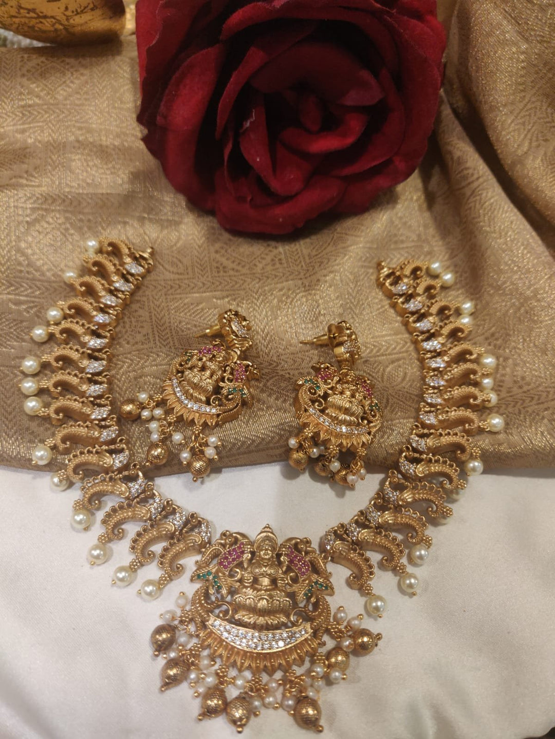 premium peacock Design Lakshmi Pendant Gold Short Necklace