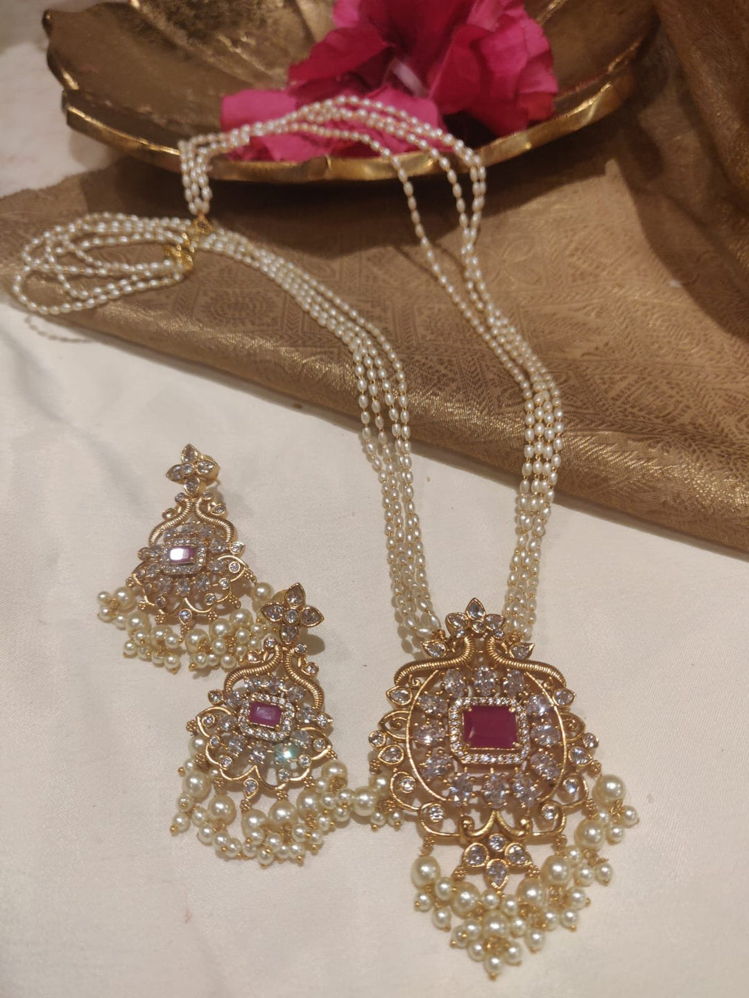Alluring Handcrafted Ruby Fitted AD Pendant Pearl Rani Haar