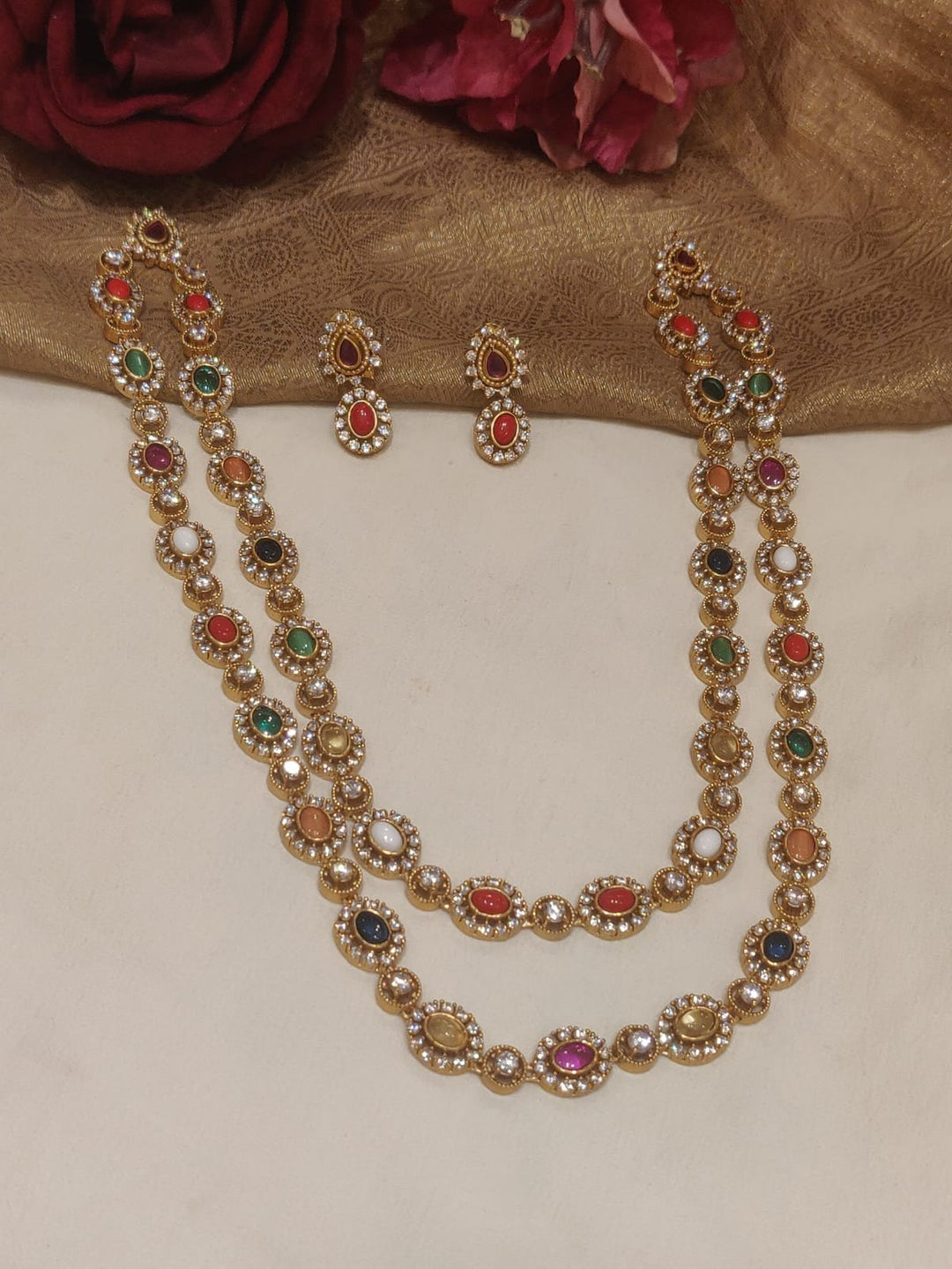 Lustrous Navratna Styled Dual layered Long AD Necklace