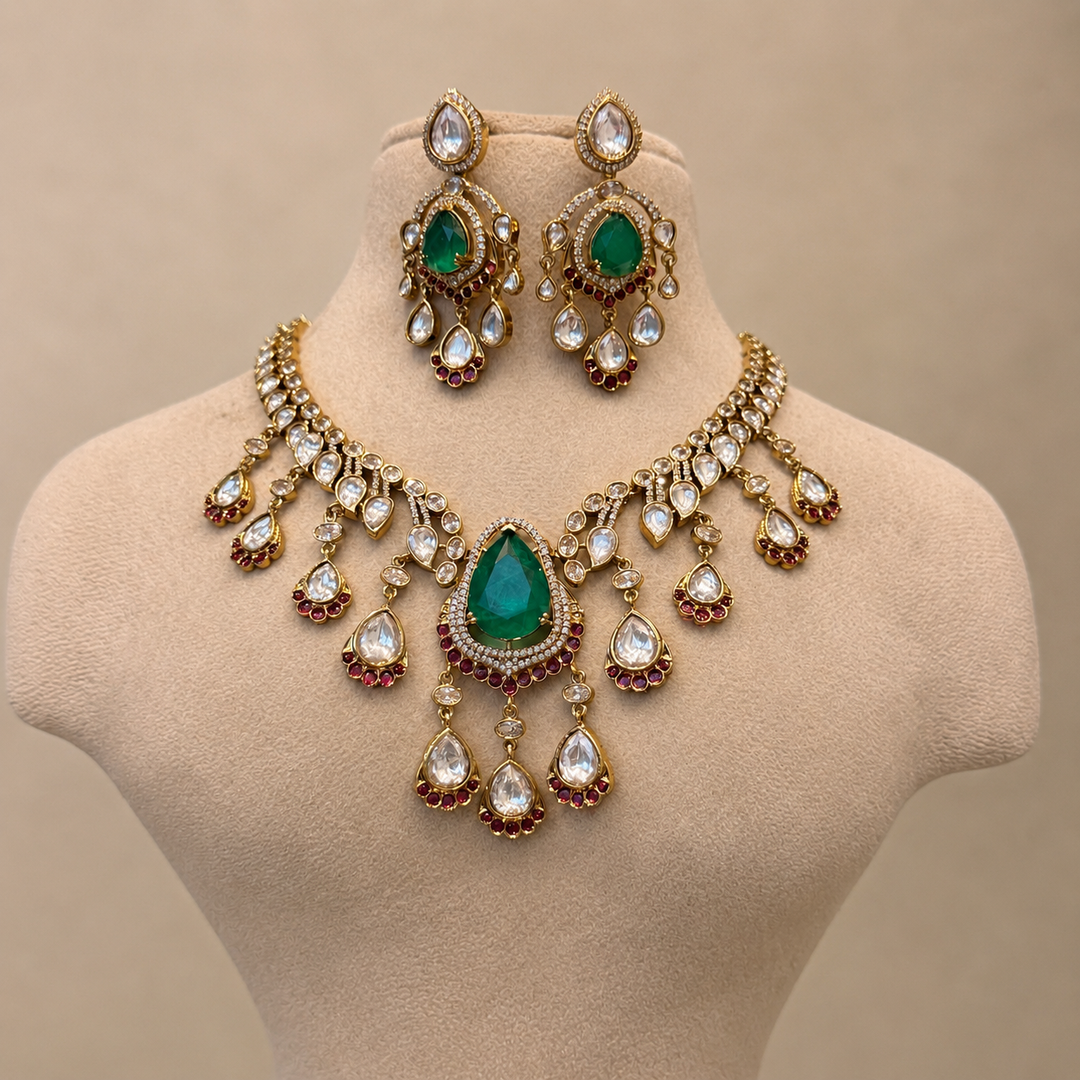 Elegant Kundan Crystal Stone Droplet Necklace