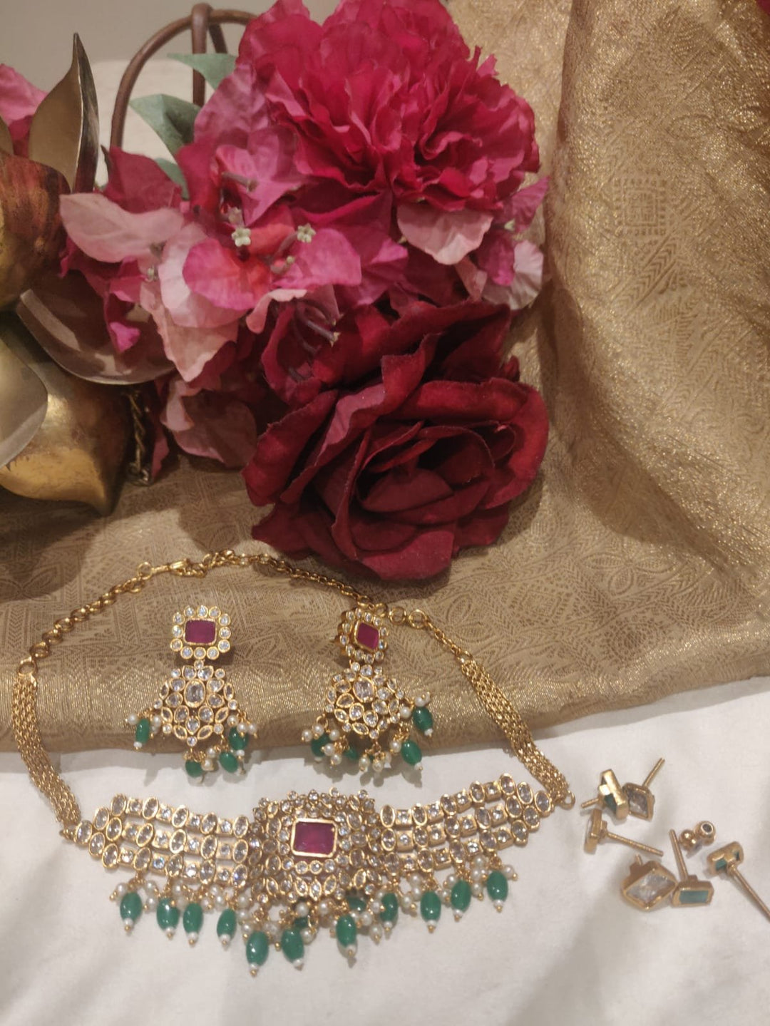 Classic Changeable Stones Gold Finish Green Beads Kundan Choker
