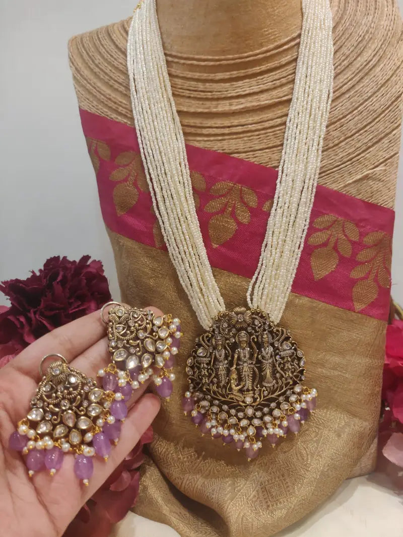 Magnificent Handcrafted Ram darbar AD Pendant Purple Beads Styled Pearl HAAR