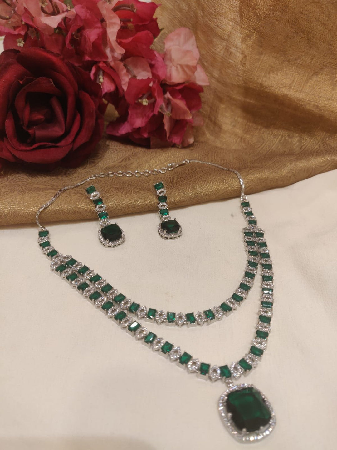 Lustrous Silevr Finish Green Stone Styled Pendant Layered Necklace AD