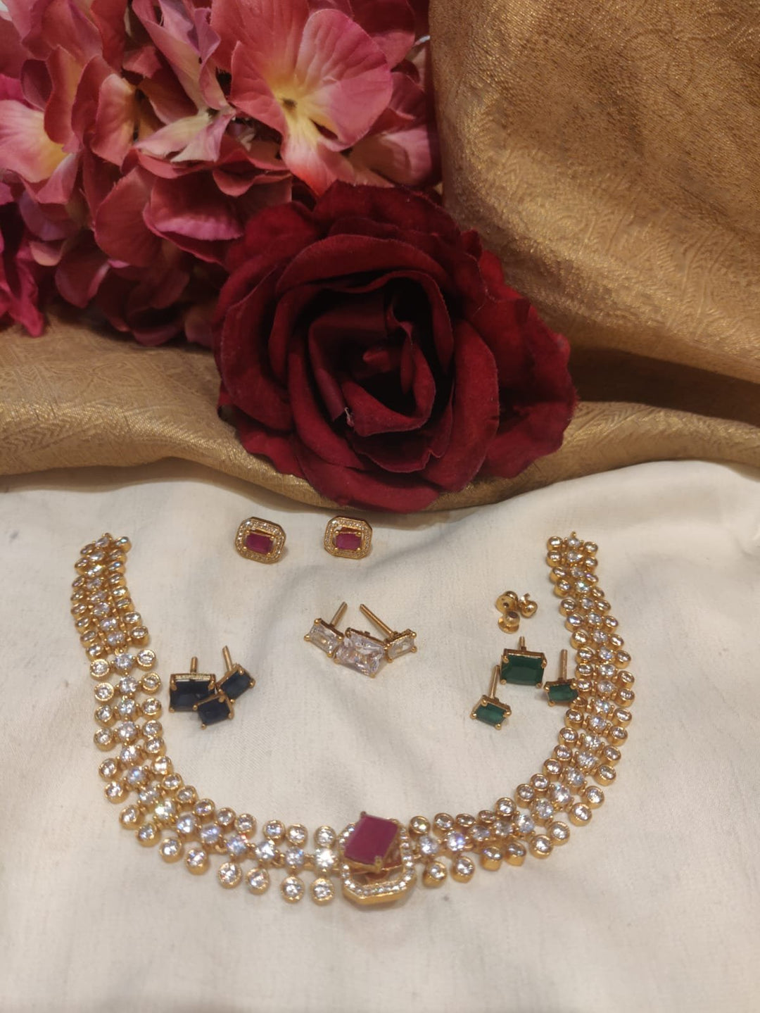 Sought-after Gold Finish Changeable Stone AD Necklace Short