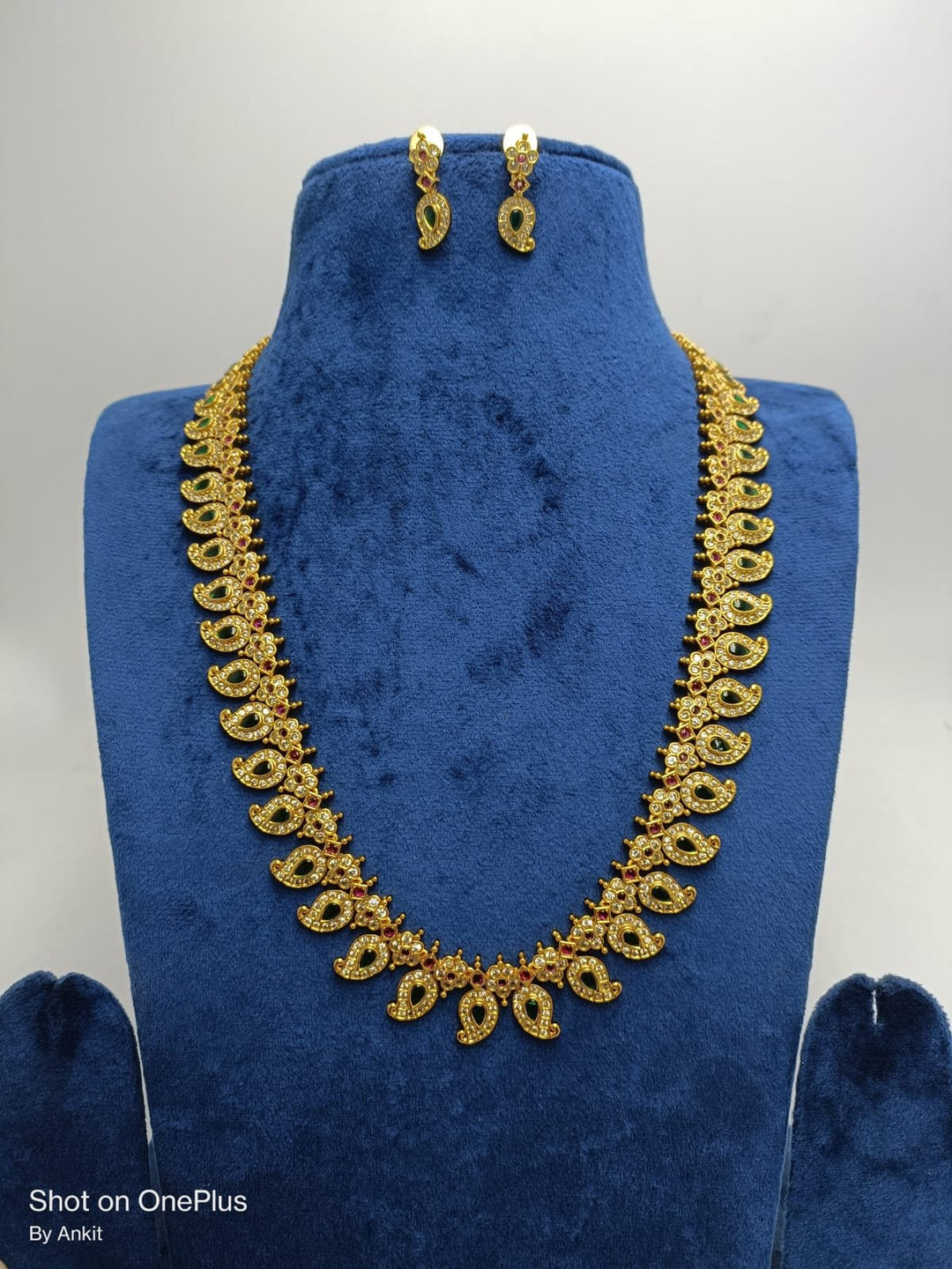 Delicate Gold Finish Green Mango Design Kemp Styled Long Chain