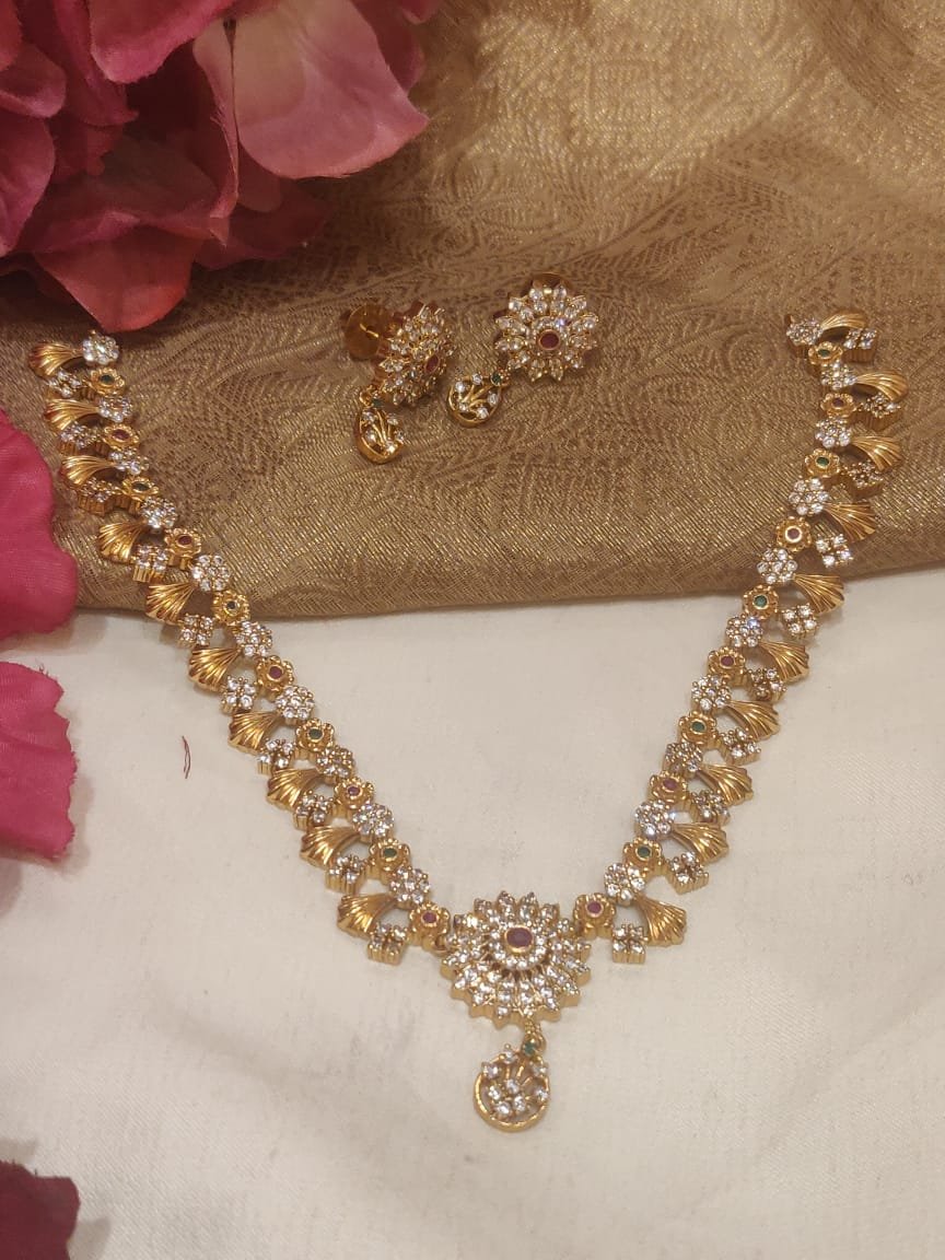 Delicate Gold Finish AD Studded Designer Necklace Short