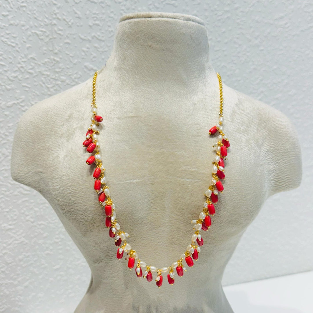 Lustrous Sparkling Exquisite Timeless Opulent Radiant orange aand red beads  pearls moti golden necklace