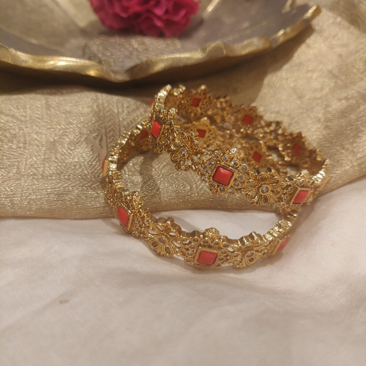 Orange stone floral bangles
