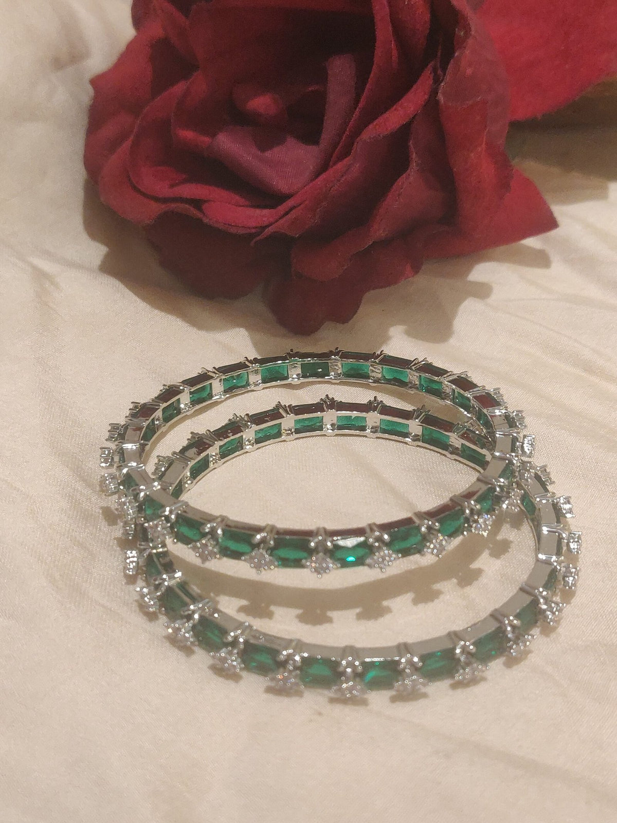 Exquisite cz bangles with green stone set of 2