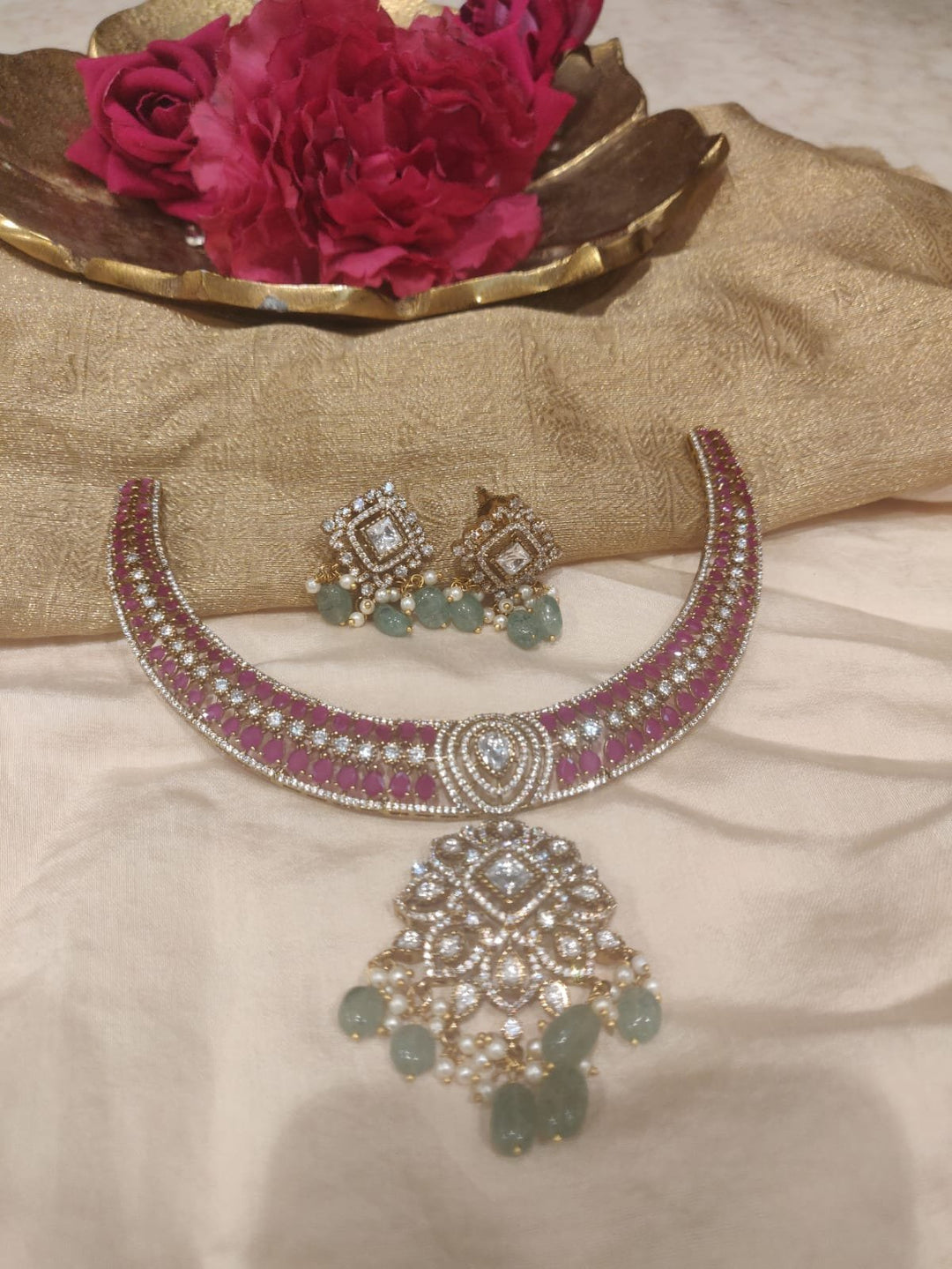 Ruby Green Stone-Studded Traditional Necklace Set
