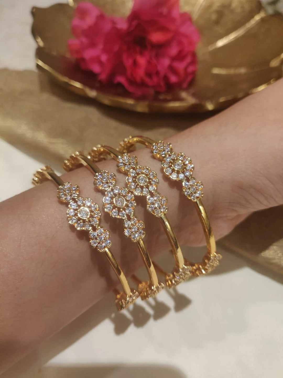 Majestic Gold Plated Floral Design Crystal Fitted AD Bangles Set of 4