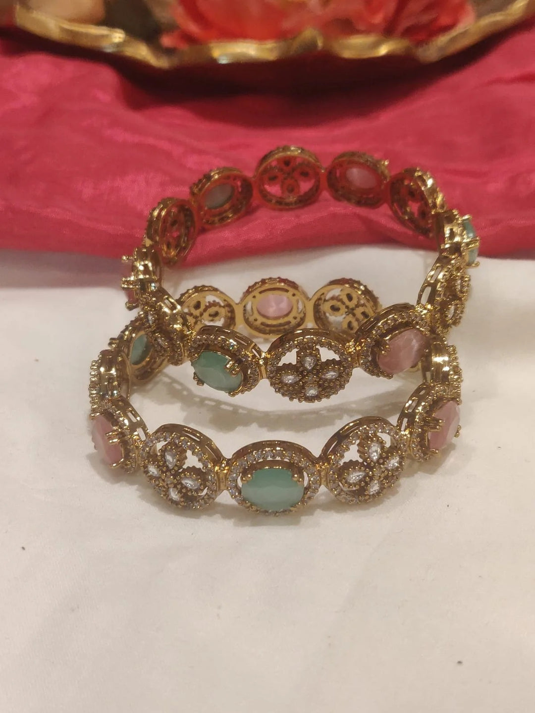 Opulent Floral Design Sky Blue and Pink Stone Bangles Set Of 2