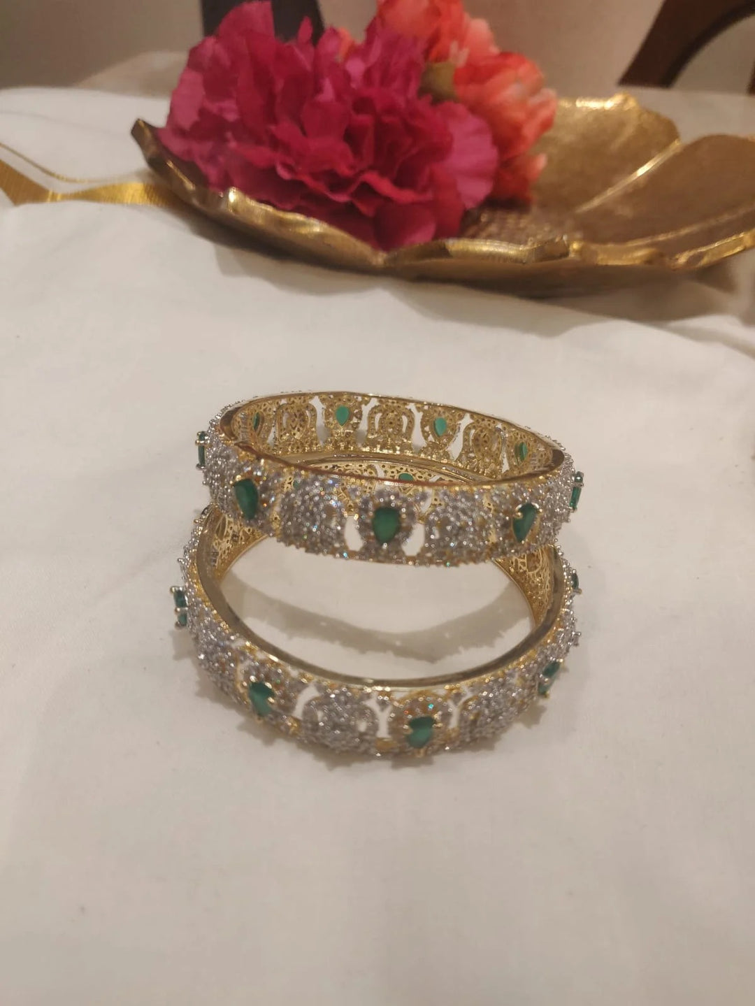 Lustrous Golden Finish Green Stone AD Design Bangles Set Of 2