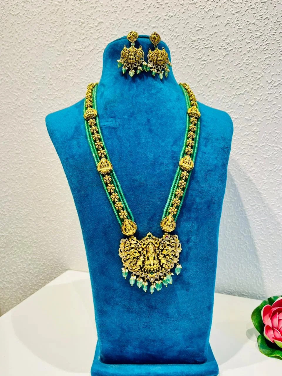 Brilliant Long Lakshmi Neckalce With LightGreen Beads