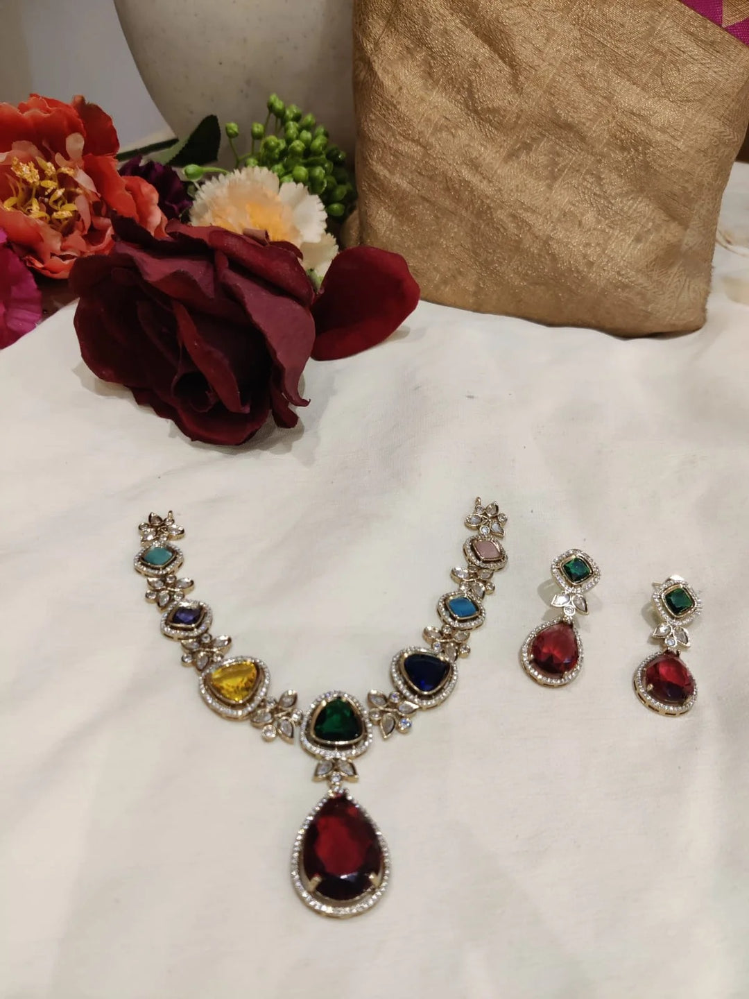 Iconic Kundan Multi Colour AD Red Stone Pendant Short Necklace