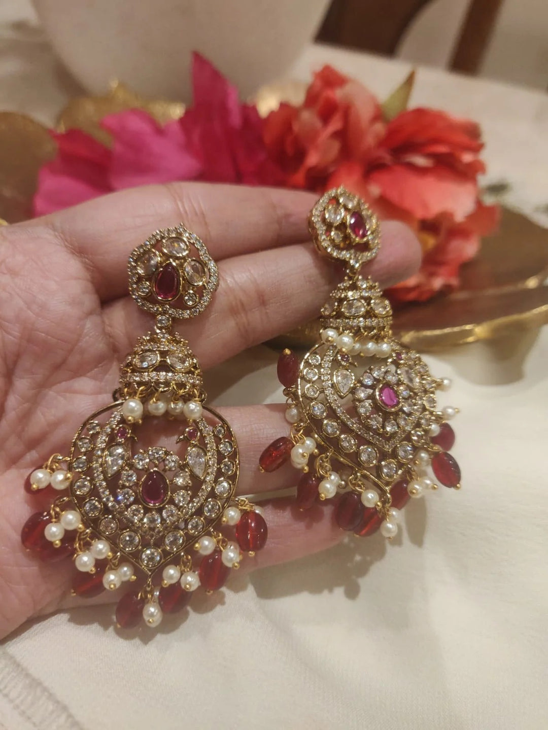 Elegant Crystal Earring with Floral Red AD White Red Beads