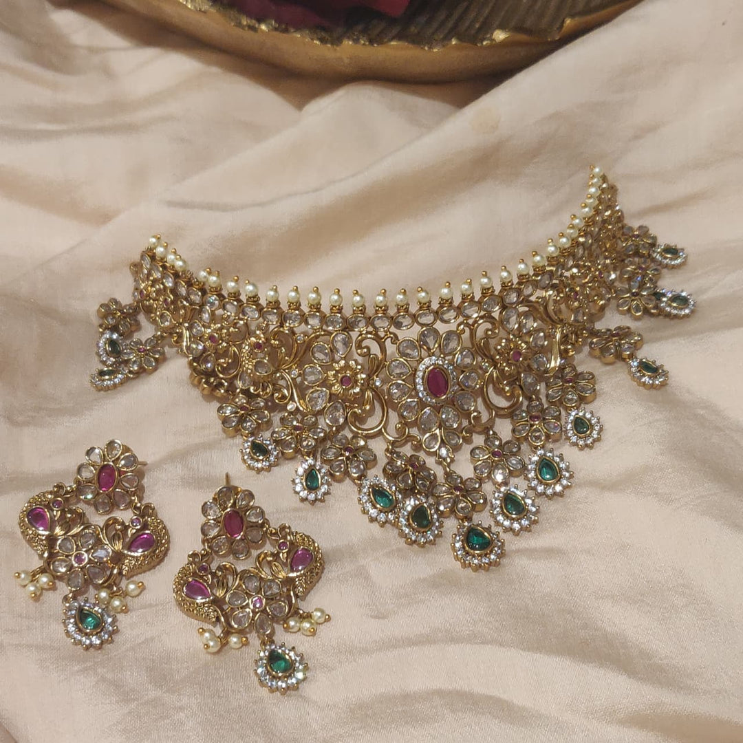 Ruby Stone Floral AD Droplet Green Stone Choker