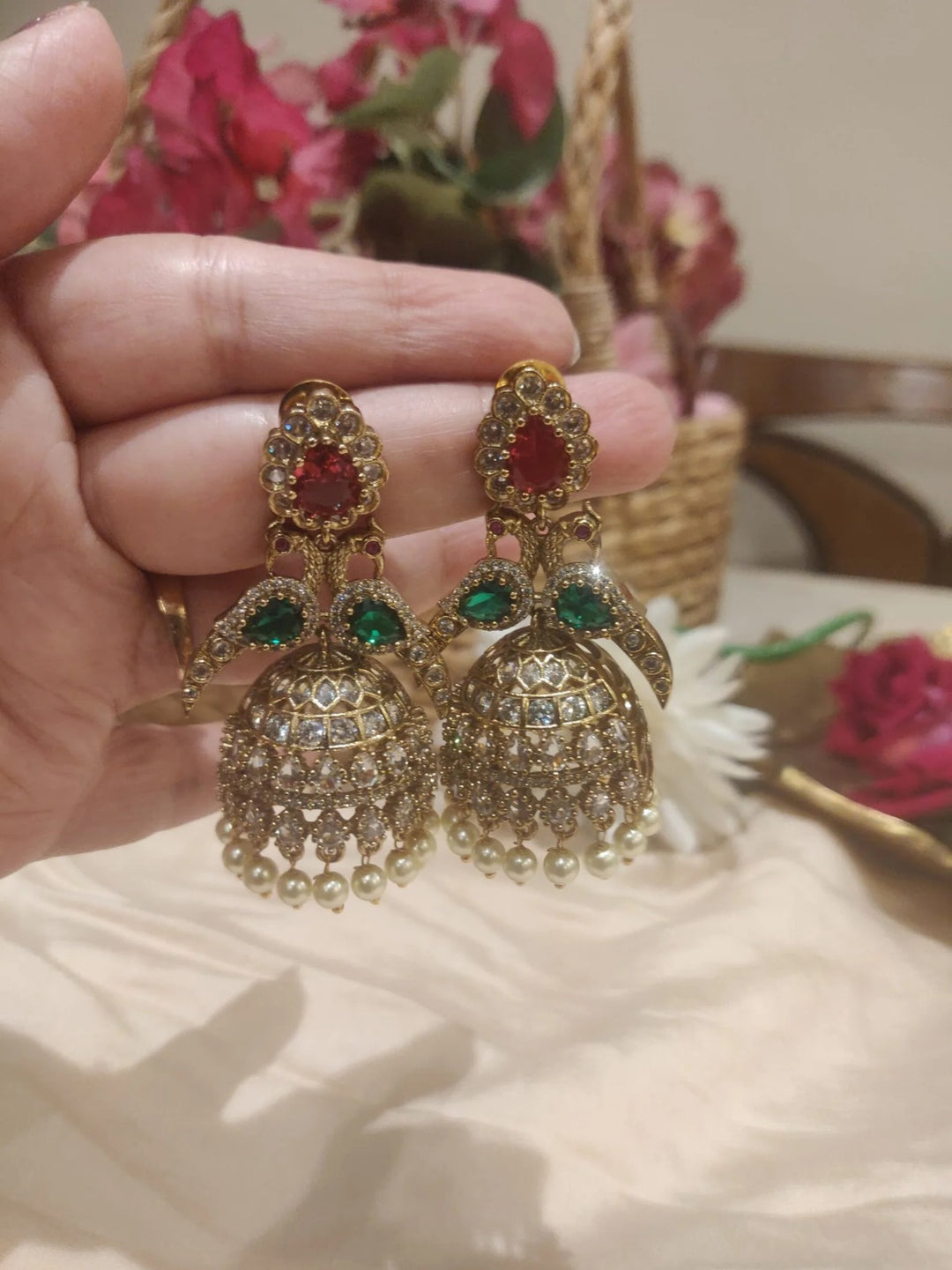 Dove red emerald floral jhumka