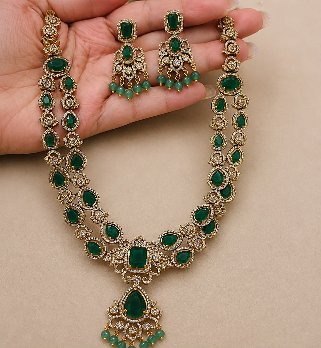 2 Layer Green AD Stone Necklace with Green Beads