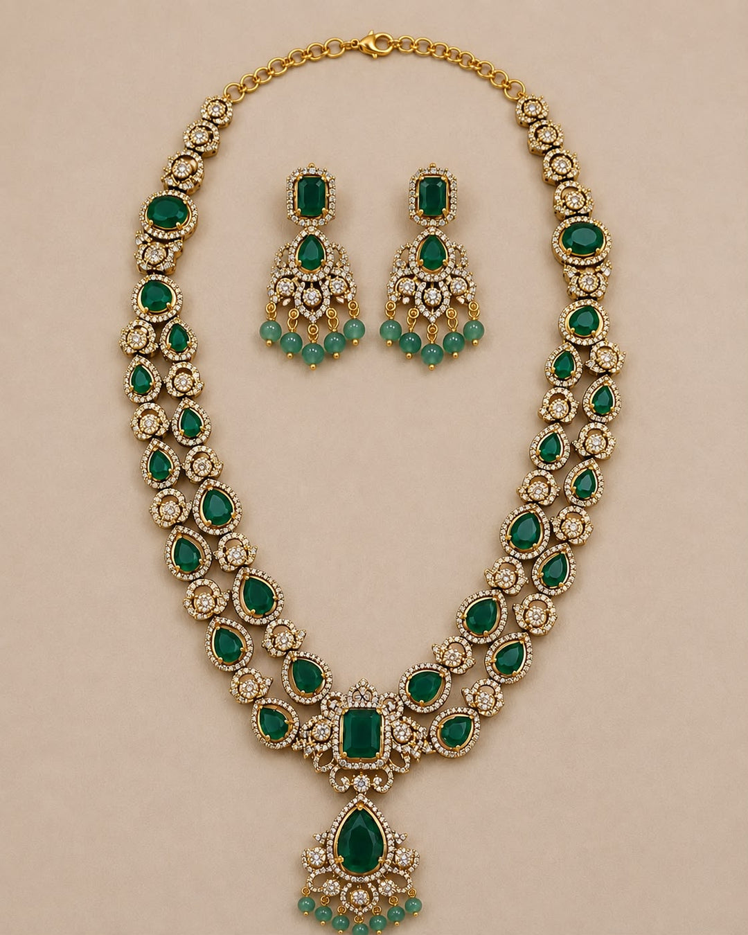 2 Layer Green AD Stone Necklace with Green Beads