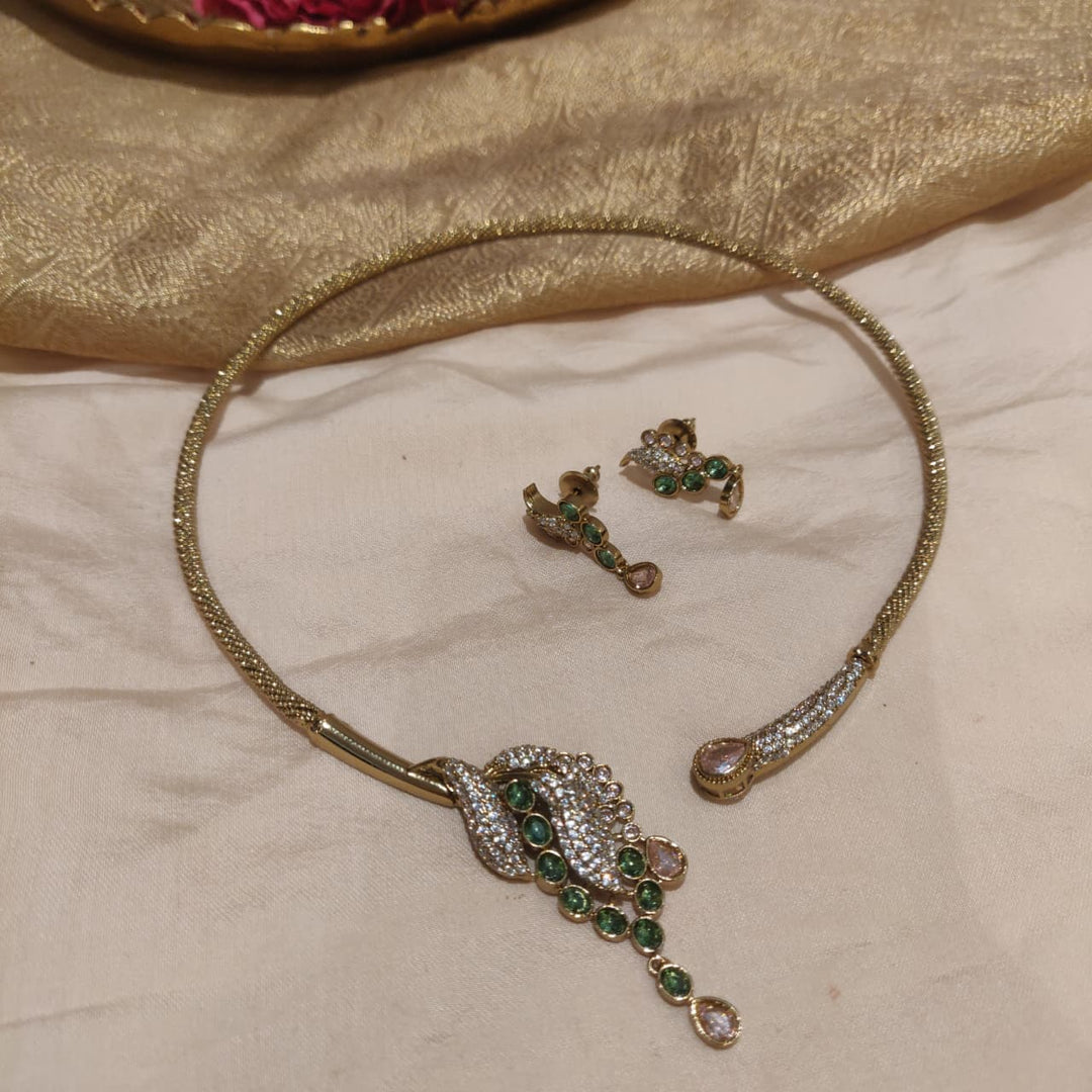 Elegant Gold-Tone Green Stone & Crystal Necklace Set with Matching Earrings