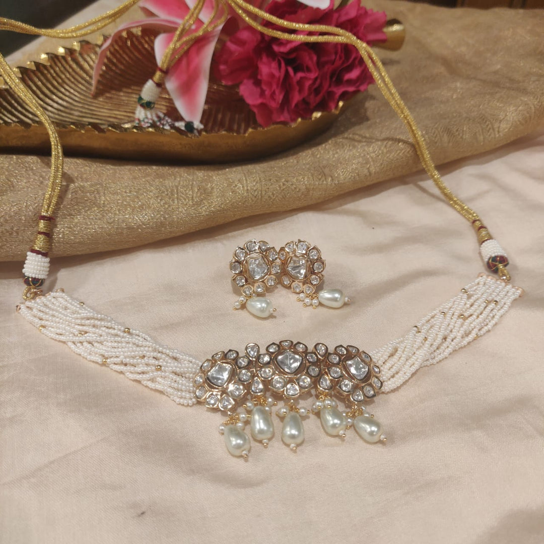 Sparkling Multilayer white Pearls Floral Kundan Stone Choker